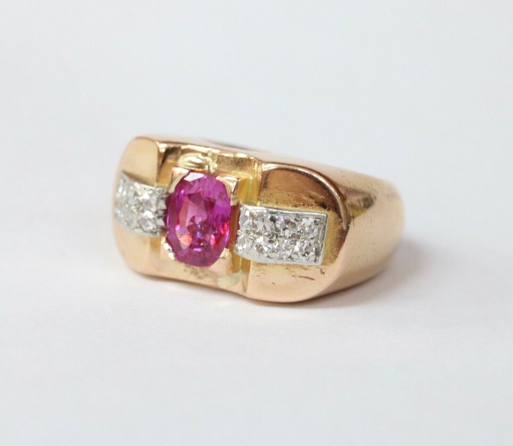 Retro 1940’s Pink Sapphire and Diamond 18K Yellow Gold Ring