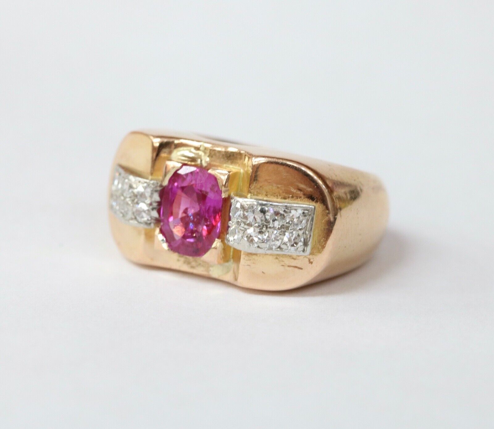Retro 1940’s Pink Sapphire and Diamond 18K Yellow Gold Ring