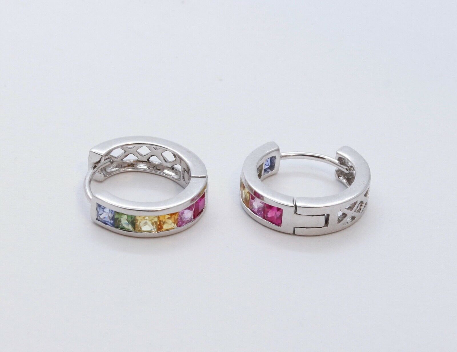 Cool Vintage Multi Colored Sapphires 14K White Gold Huggie Earrings