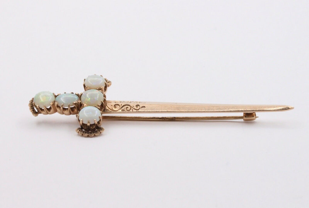 Victorian Edwardian Opals 14K Yellow Gold Broadsword Brooch Pin