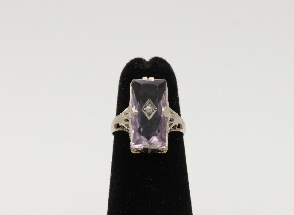 Art Deco Rose De France Amethyst Rose Cut Diamond 14K White Gold Ring