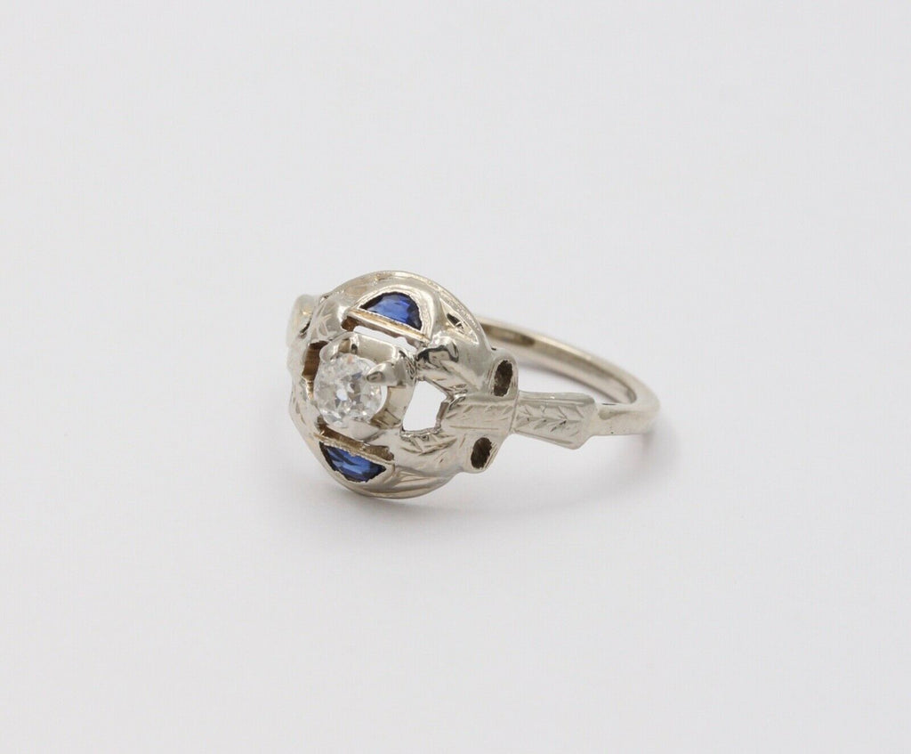 Art Deco Diamond Sapphires 18K White Gold Engagement Cocktail Ring