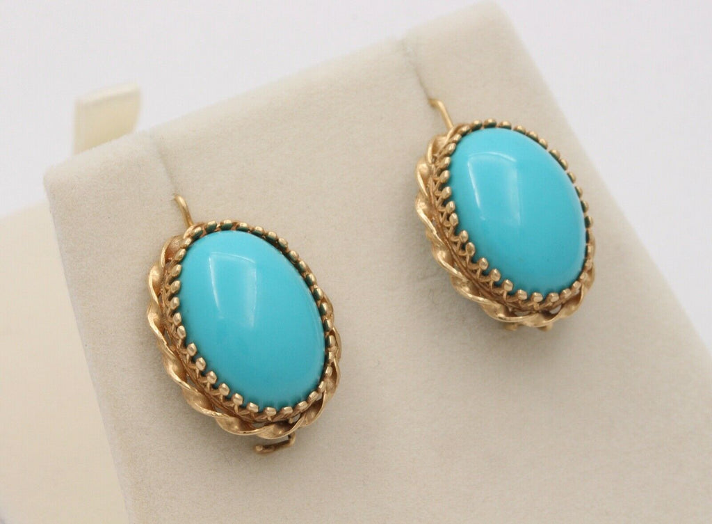 Vintage Turquoise 14K Yellow Gold Frame Dangling Earrings, Estate.