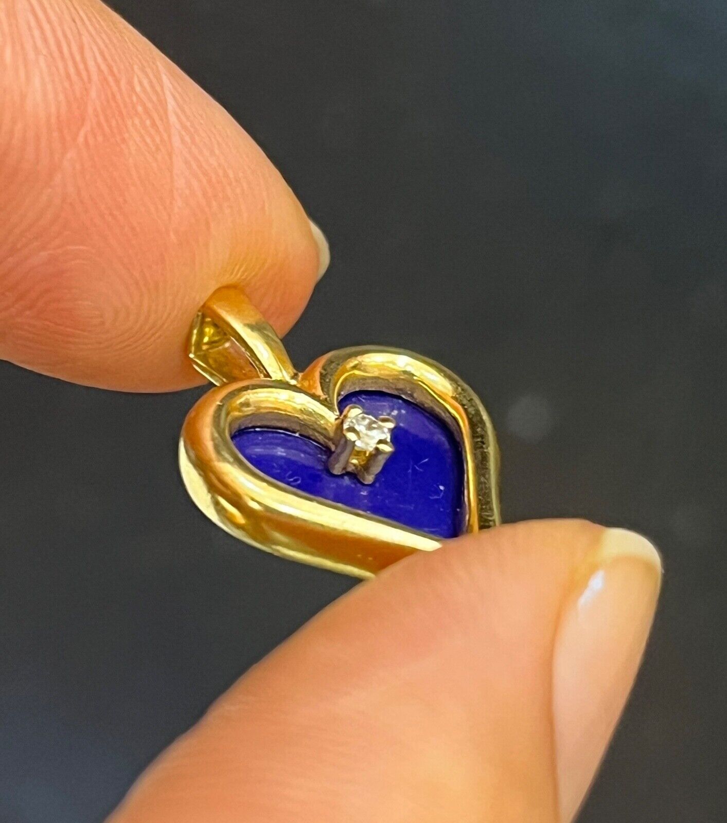 Vintage 14K Yellow Gold Lapis Lazuli Heart Diamond Pendant, Charm