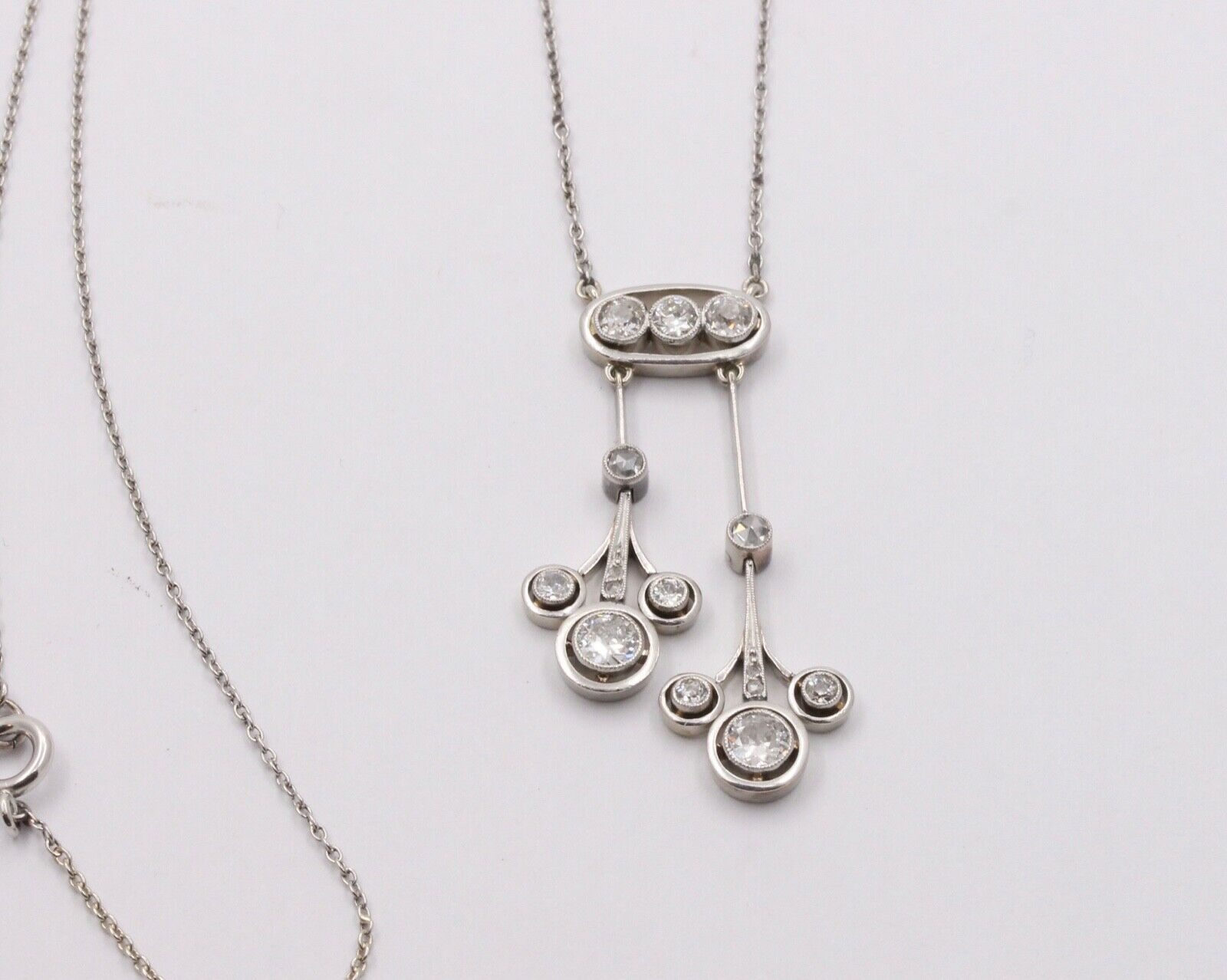 Art Deco Old Mine Diamonds Platinum Pendant and Chain