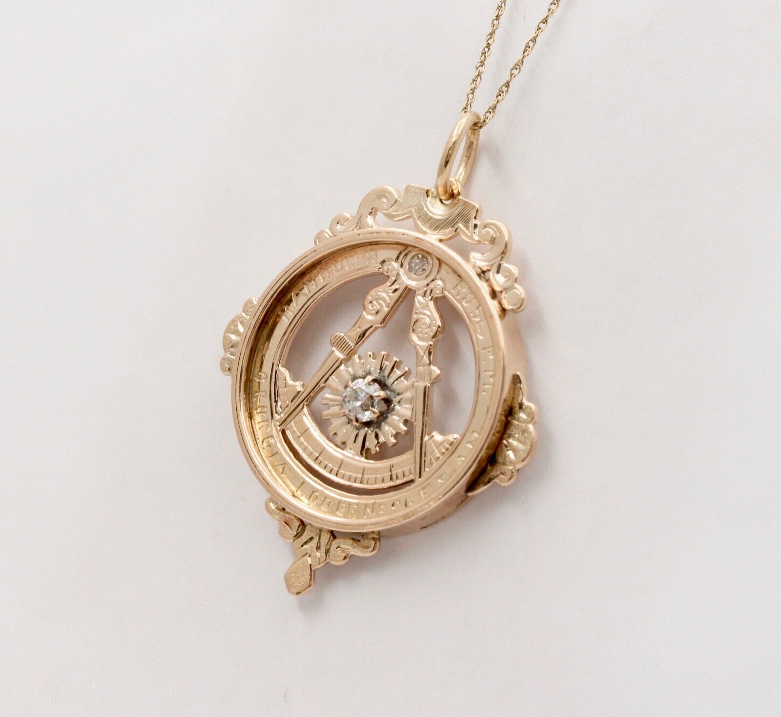 Antique Masonic Old Mine Cut Diamonds Charm Pendant, Necklace.