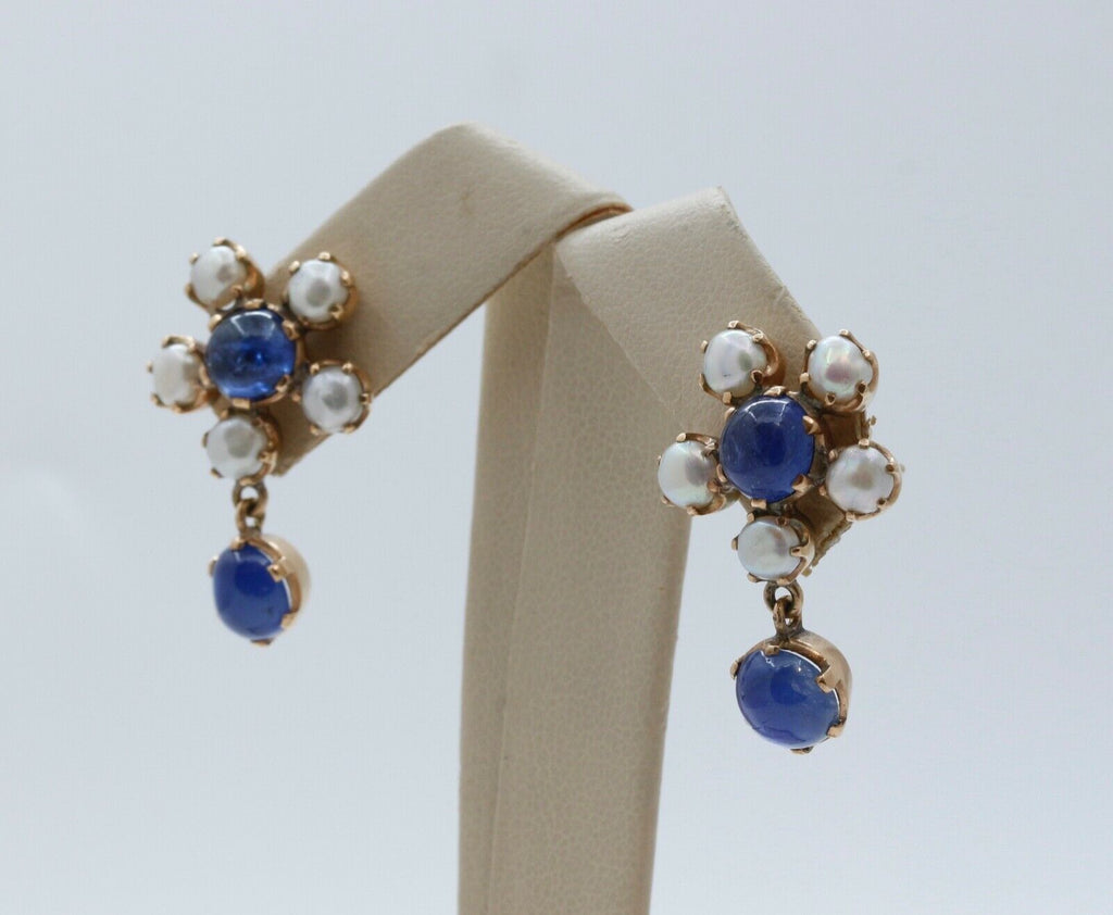 Beautiful Cabochon Sapphires Cultured Pearl 14K Yellow Gold Earrings