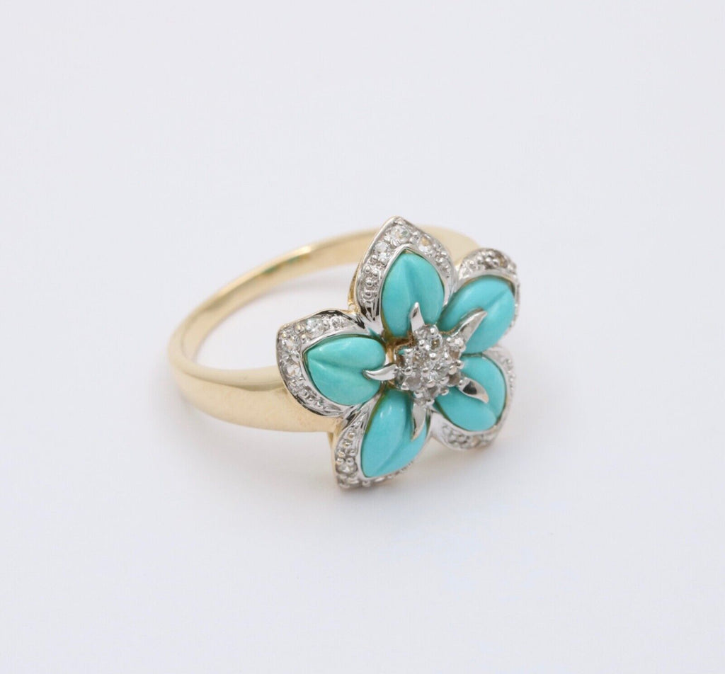 Vintage 18K Yellow Gold Turquoise & Diamond Flower RIng , Cocktail Ring
