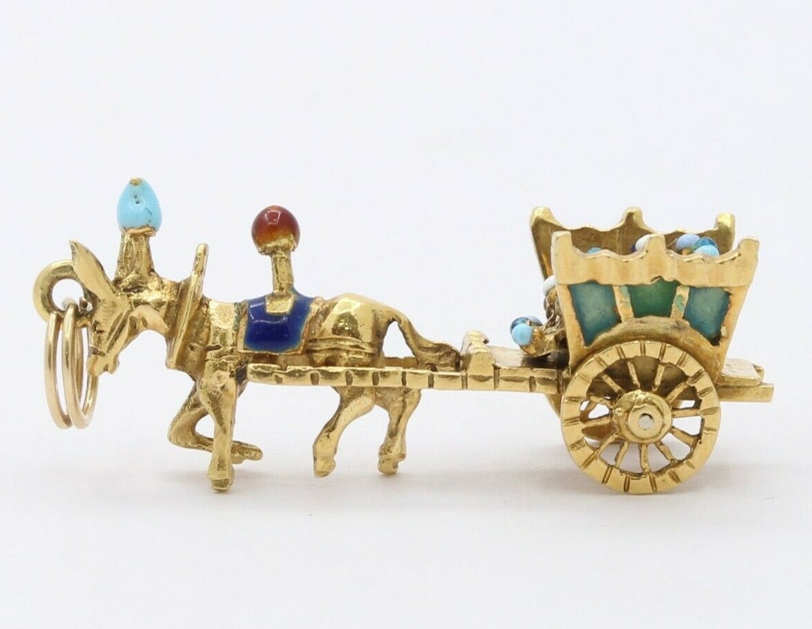 Vintage 18K Yellow Gold Enamel Horse Carriage Charm