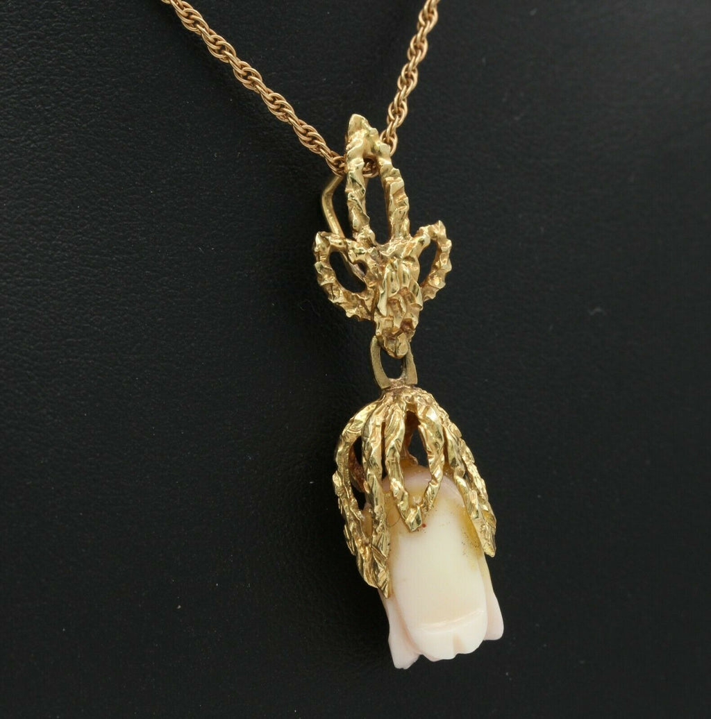 Victorian 14K Yellow Gold Angel Skin Coral Flower Carving Pendant with Chain