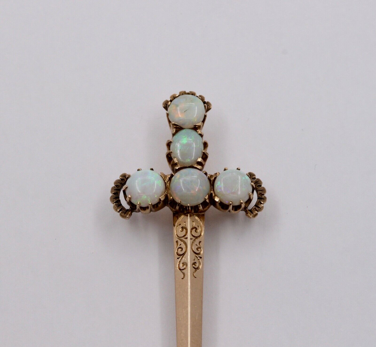 Victorian Edwardian Opals 14K Yellow Gold Broadsword Brooch Pin