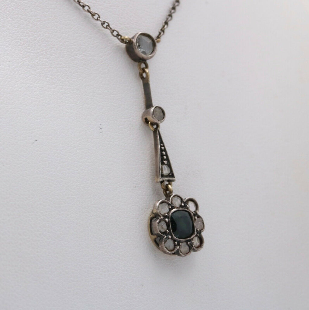 Edwardian 14K Gold & Silver Sapphire, Rose Cut Diamond Floral Lavalier Necklace