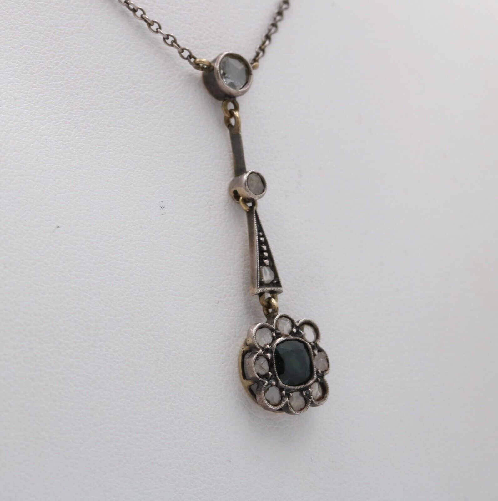 Edwardian 14K Gold & Silver Sapphire, Rose Cut Diamond Floral Lavalier Necklace