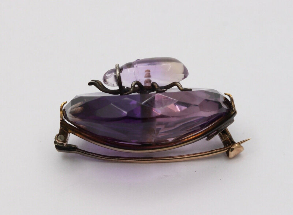 Victorian Scarab Bettle Carved Amethyst 14K yellow Gold Brooch Pin