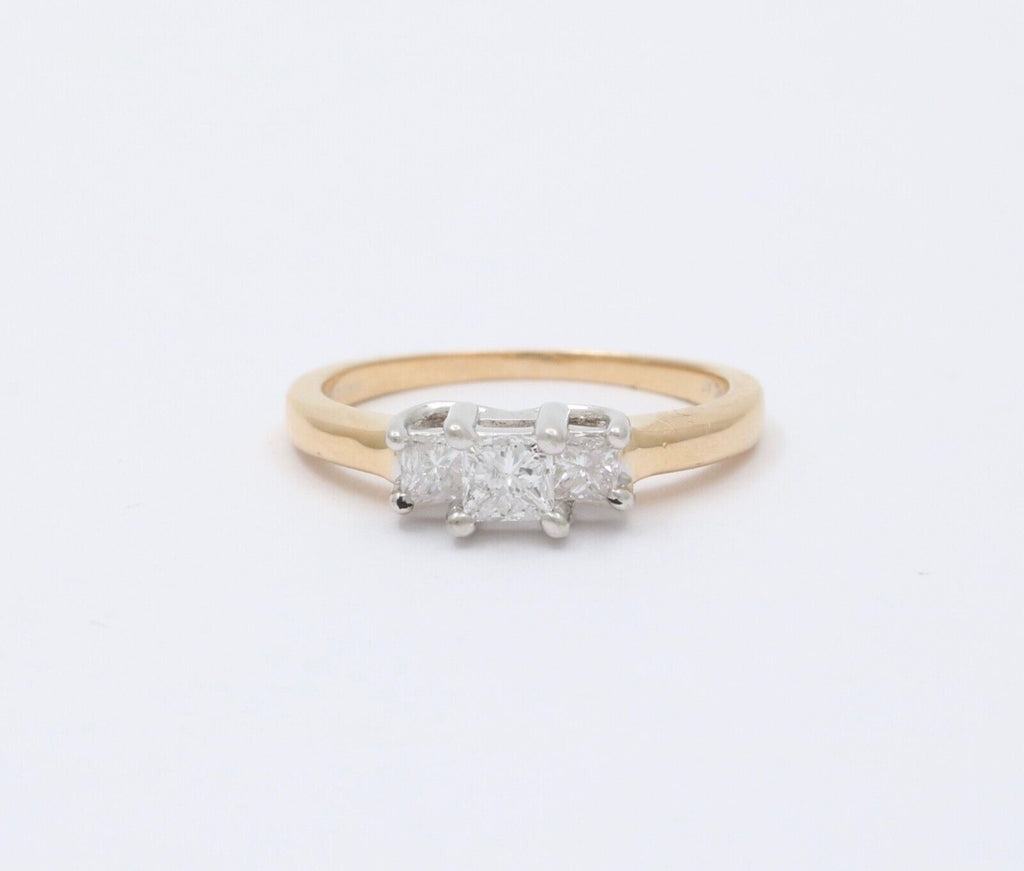Vintage 14K Gold & Platinum Princess Cut Three Stone Diamonds Engagement Ring, R