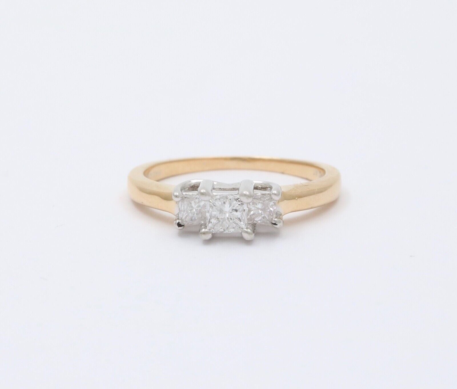 Vintage 14K Gold & Platinum Princess Cut Three Stone Diamonds Engagement Ring, R