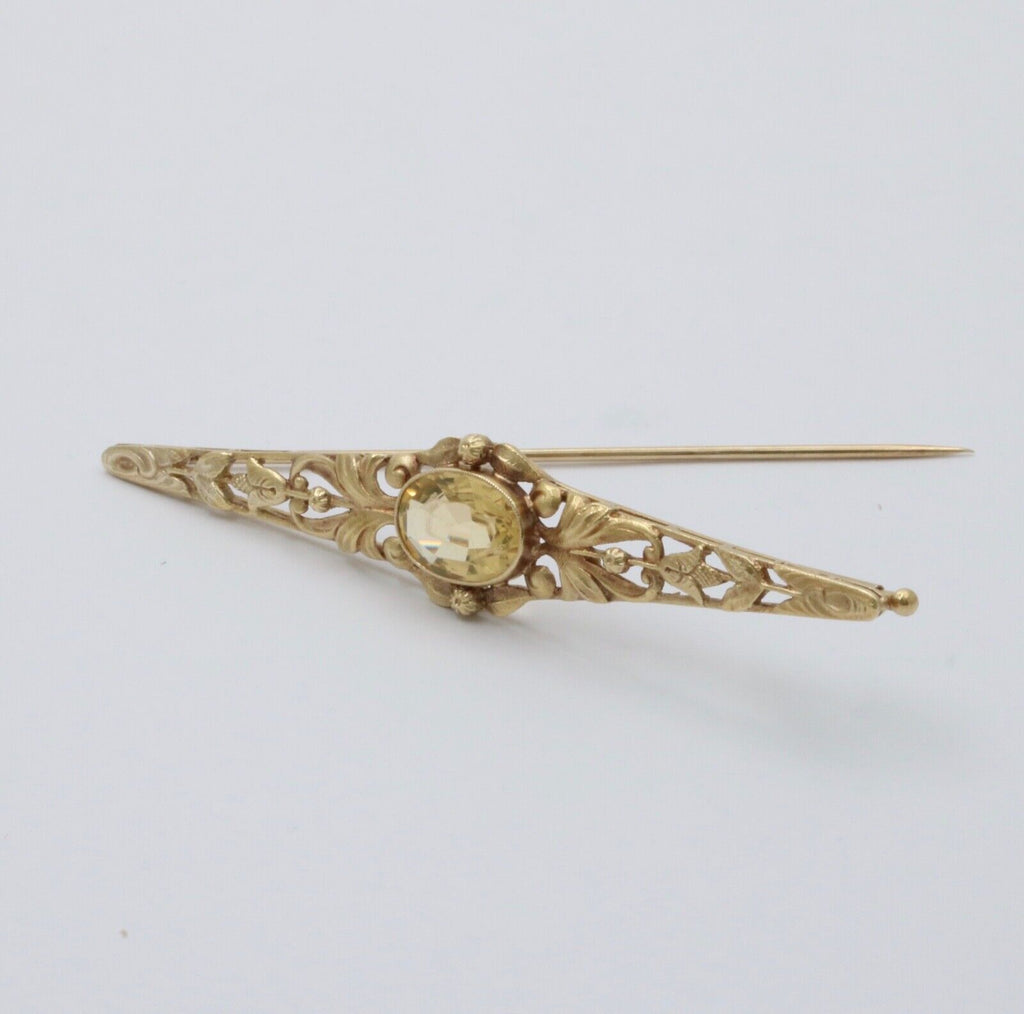 Antique Art Nouveau 14K Yellow Gold Citrine Bar Brooch, Pin