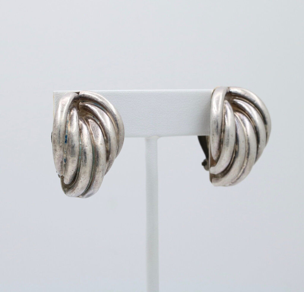 Vintage Mexico Sterling Silver Geometric Large Clip On Earrings