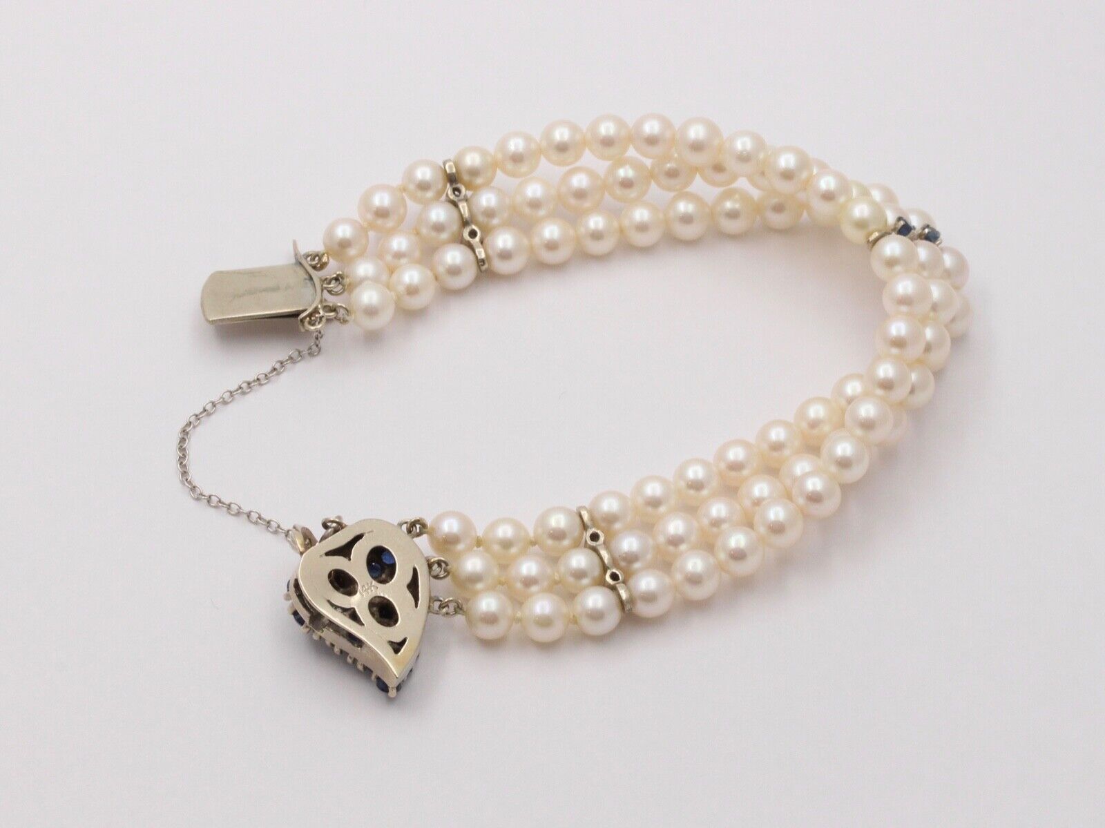 Vintage 3 Strand Beaded Pearl, Sapphire and Diamond Bracelet