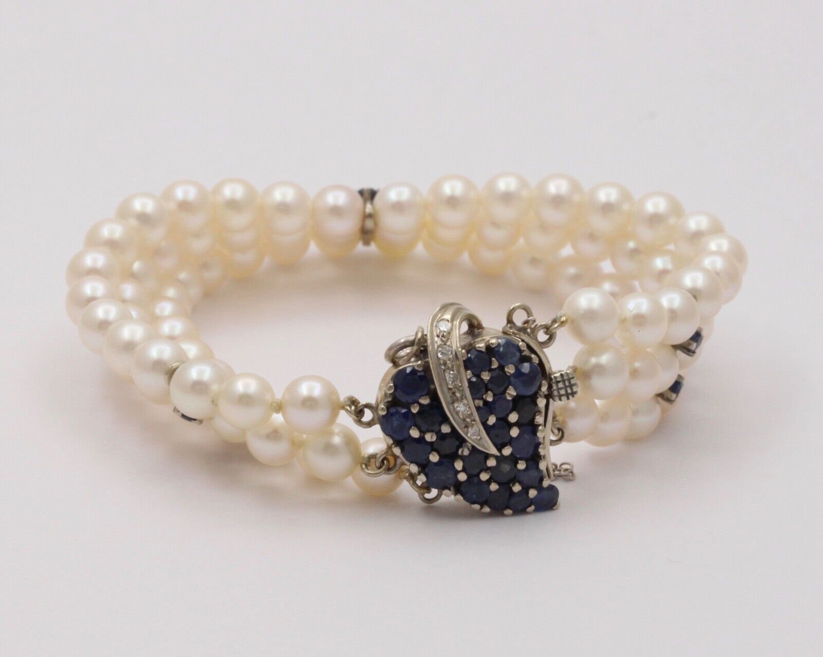 Vintage 3 Strand Beaded Pearl, Sapphire and Diamond Bracelet
