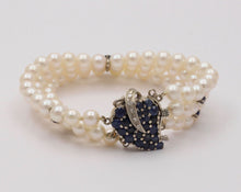 Load image into Gallery viewer, Vintage 3 Strand Beaded Pearl, Sapphire and Diamond Bracelet
