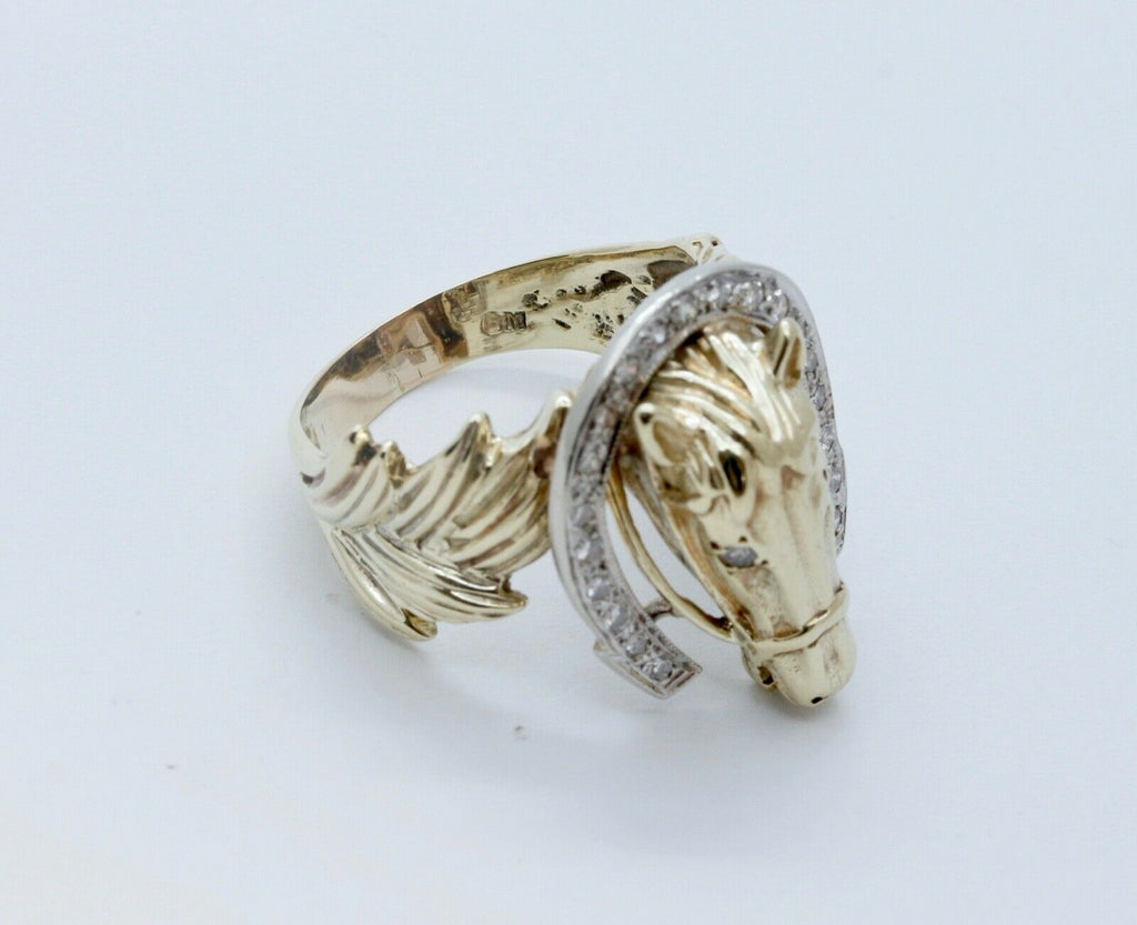 Chunky Unisex 14K Yellow Gold Diamonds Horse Afficionado Ring