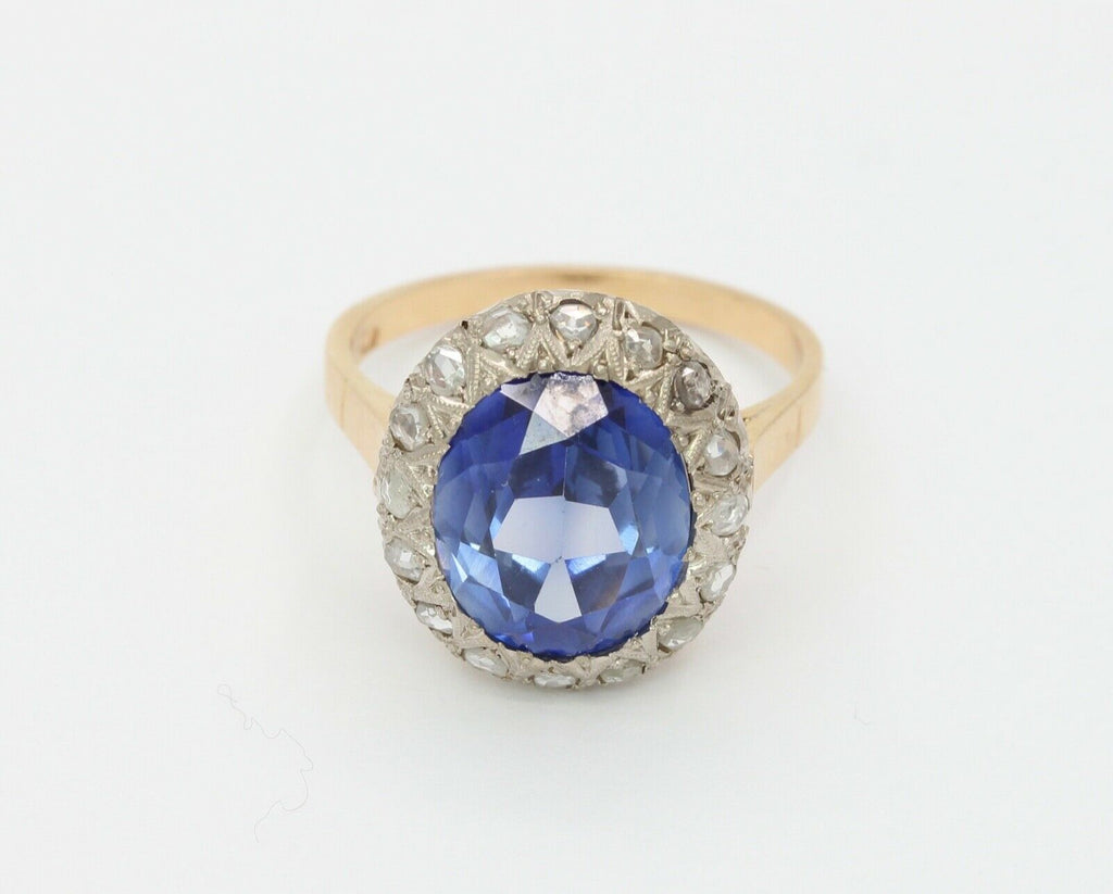 Victorian 18K Yellow Gold Rose Cut Diamond Sapphire Cocktail Ring