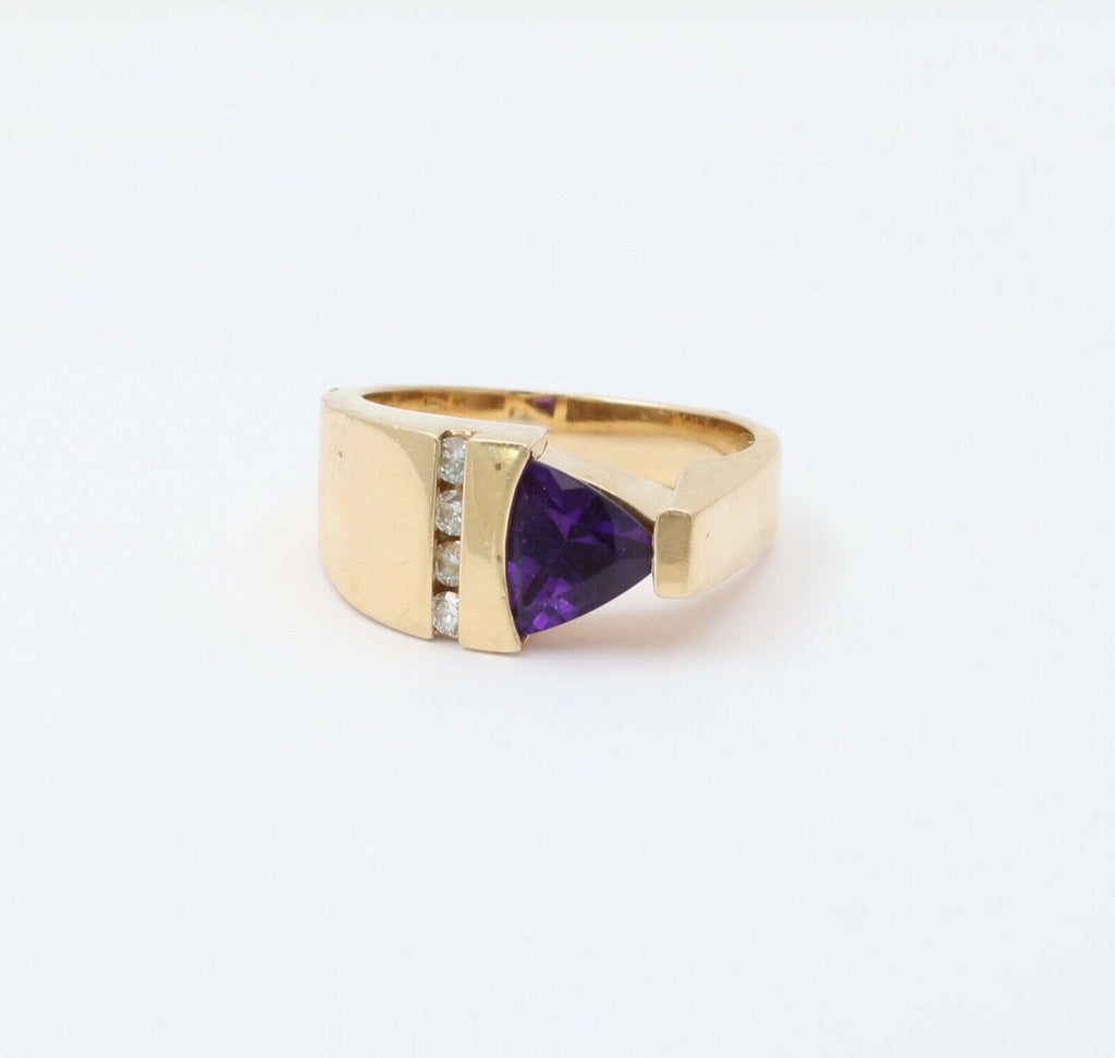 MidCentury 14K Yellow Gold Geometric Siberian Triangle Amethyst Diamond Ring Ban