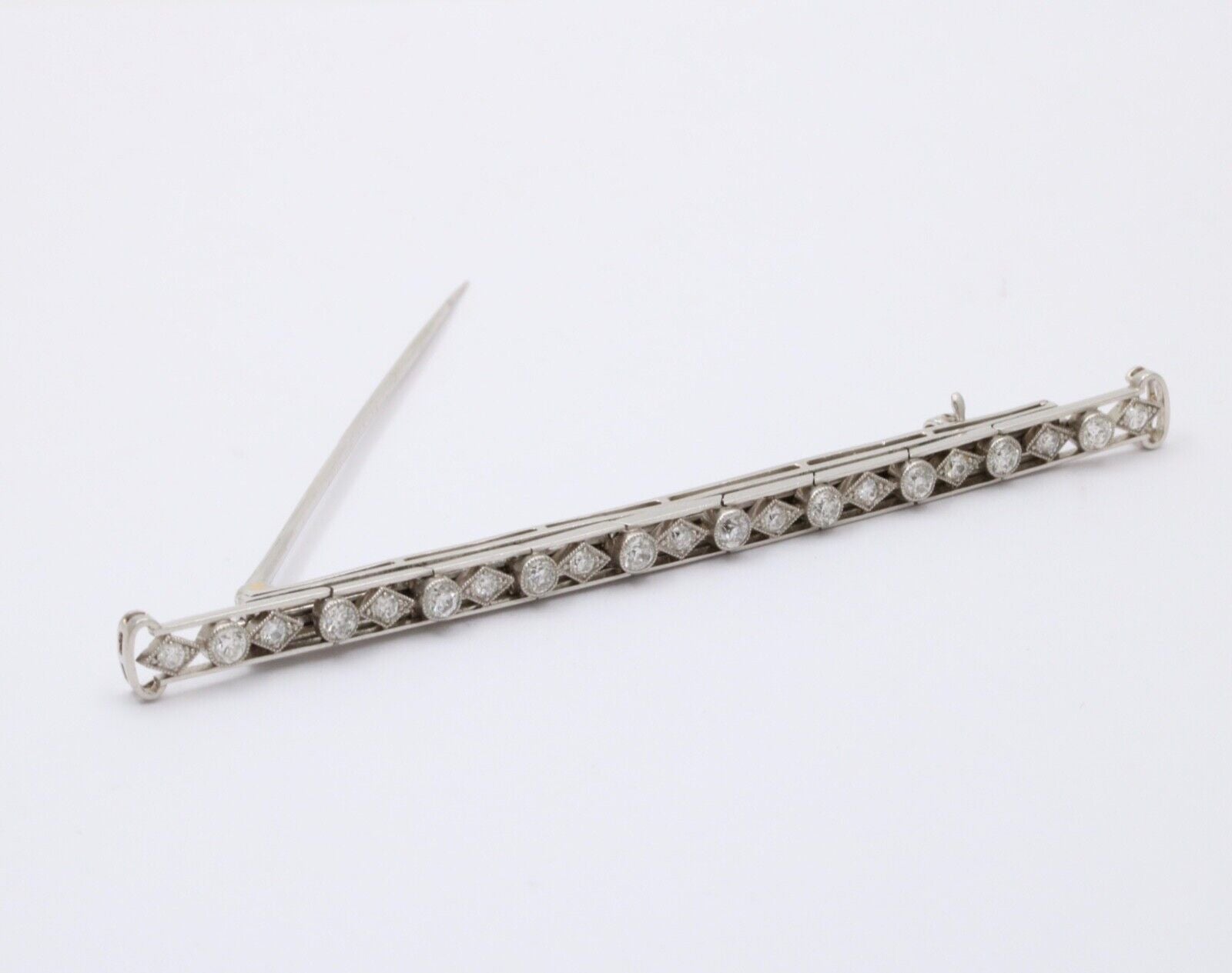 Vintage Platinum Diamond 3.5 Inches Wide Large Bar Pin, Estate Jewelry