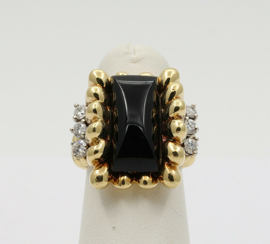 Vintage 18K Yellow Gold Unique Onyx Diamond Statement Ring