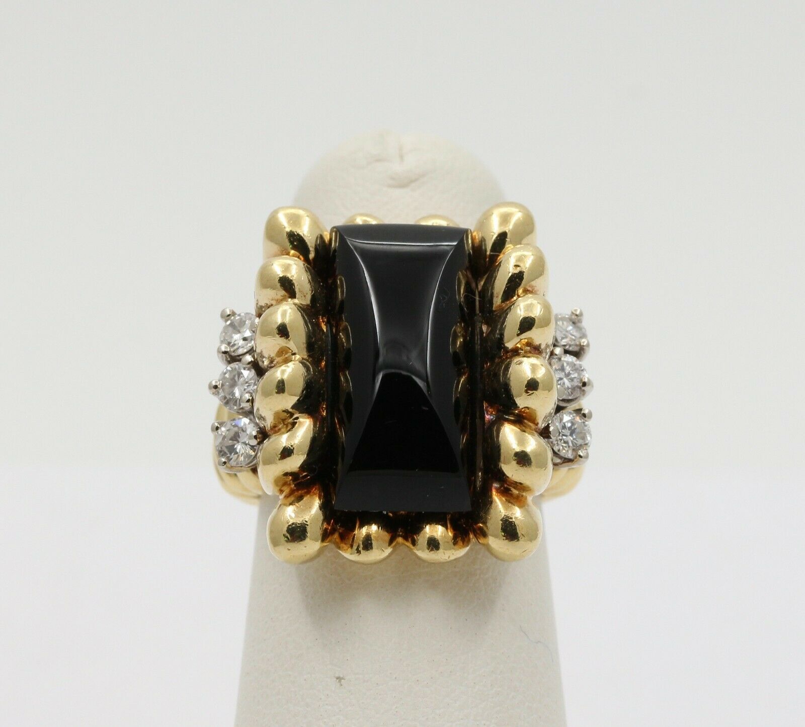 Vintage 18K Yellow Gold Unique Onyx Diamond Statement Ring