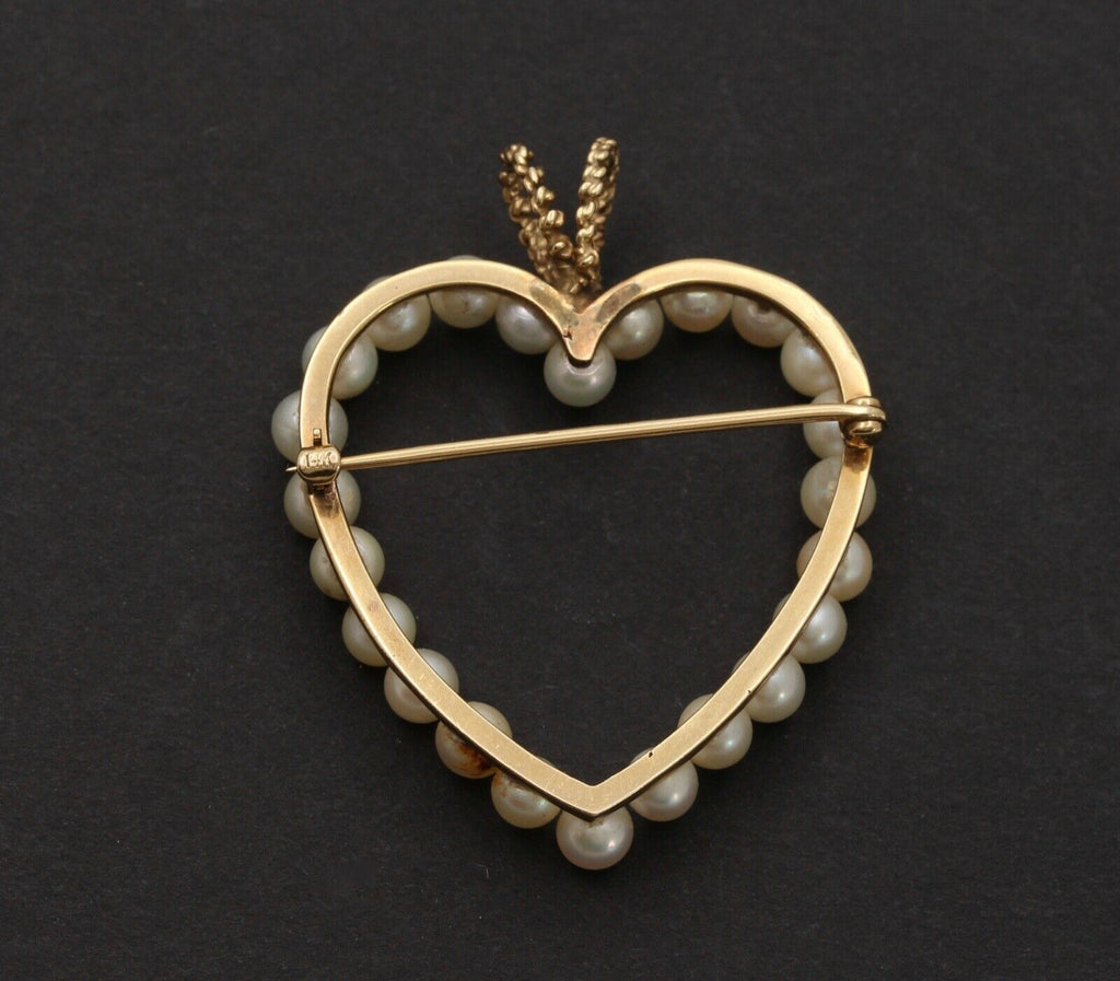 Vintage Heart 14K Yellow Gold Pearls Brooch Pendant