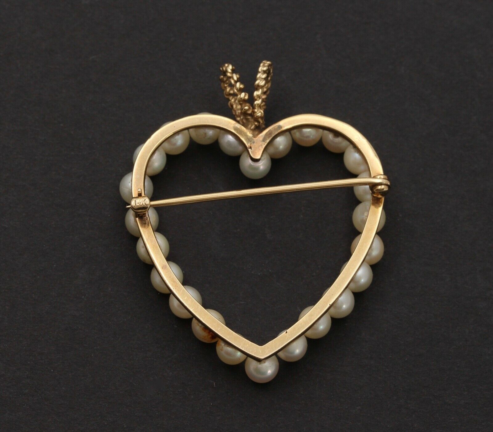 Vintage Heart 14K Yellow Gold Pearls Brooch Pendant