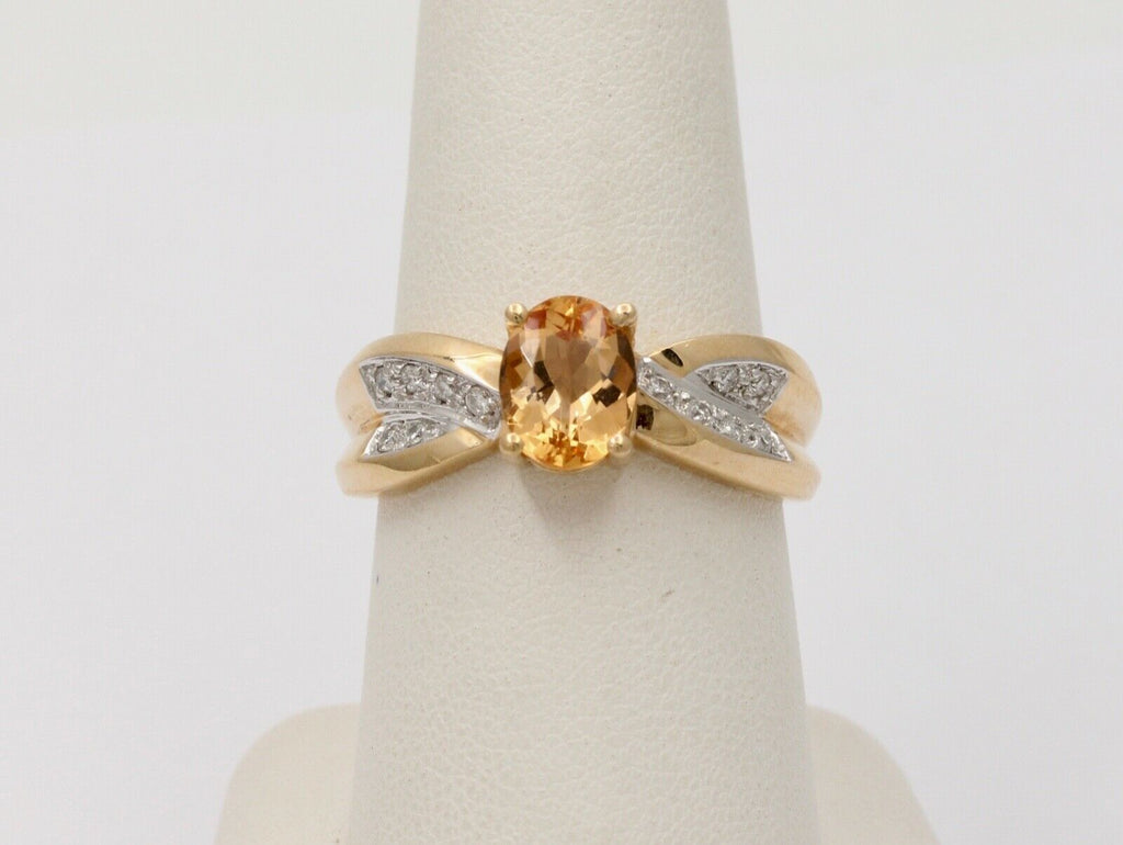 Vintage Ribbon Style Citrine Diamonds 14K Yellow Gold Ring