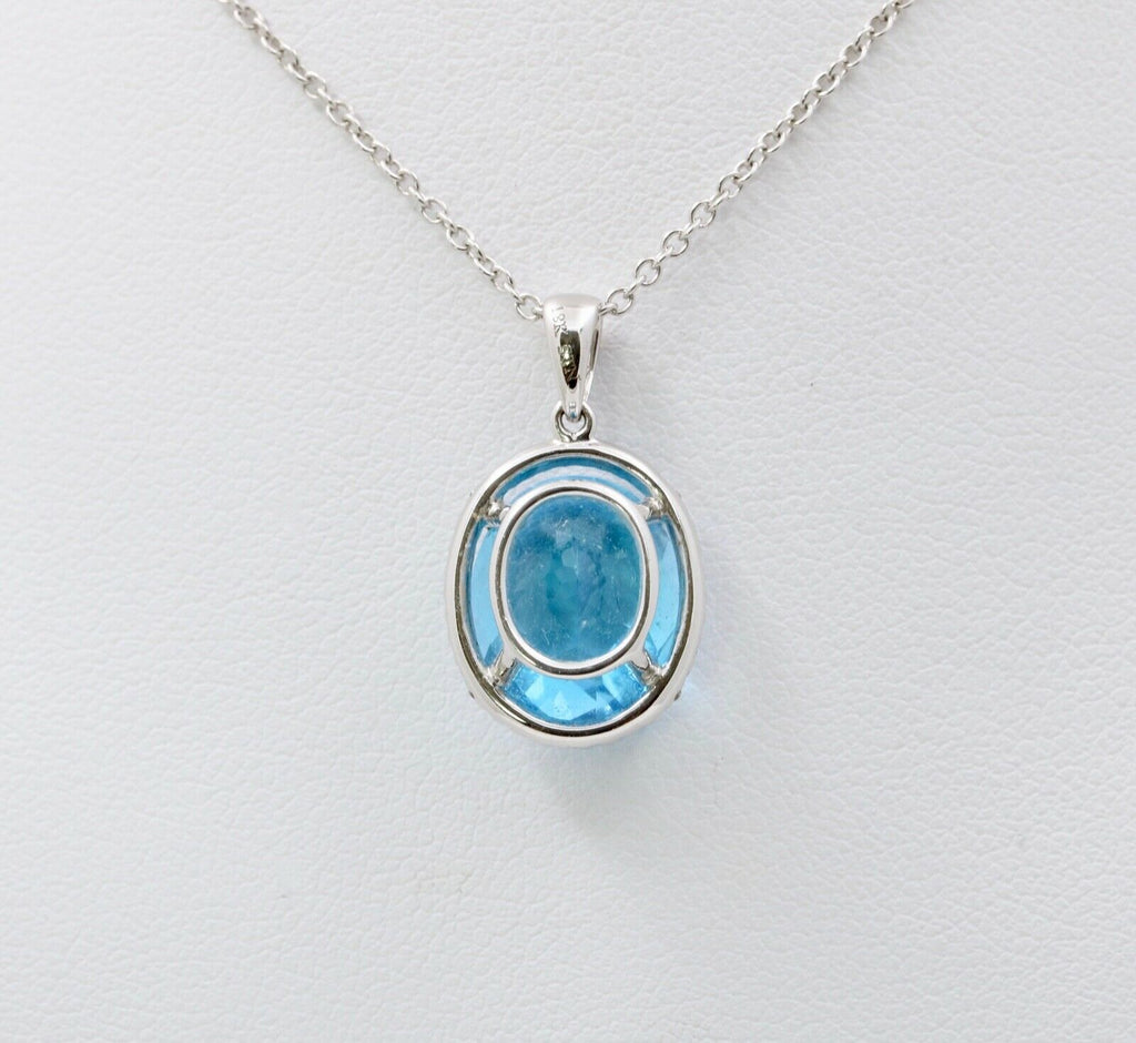 Classic 14K White Gold blue Topaz Diamond Halo Pendant Necklace.