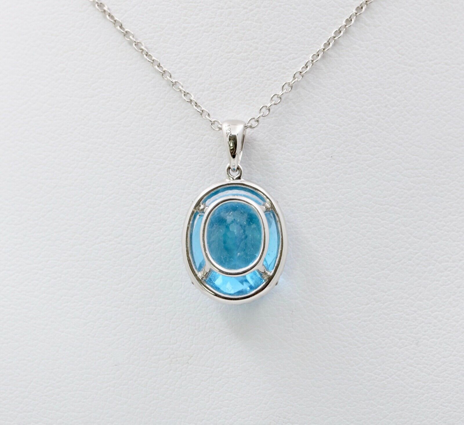 Classic 14K White Gold blue Topaz Diamond Halo Pendant Necklace.