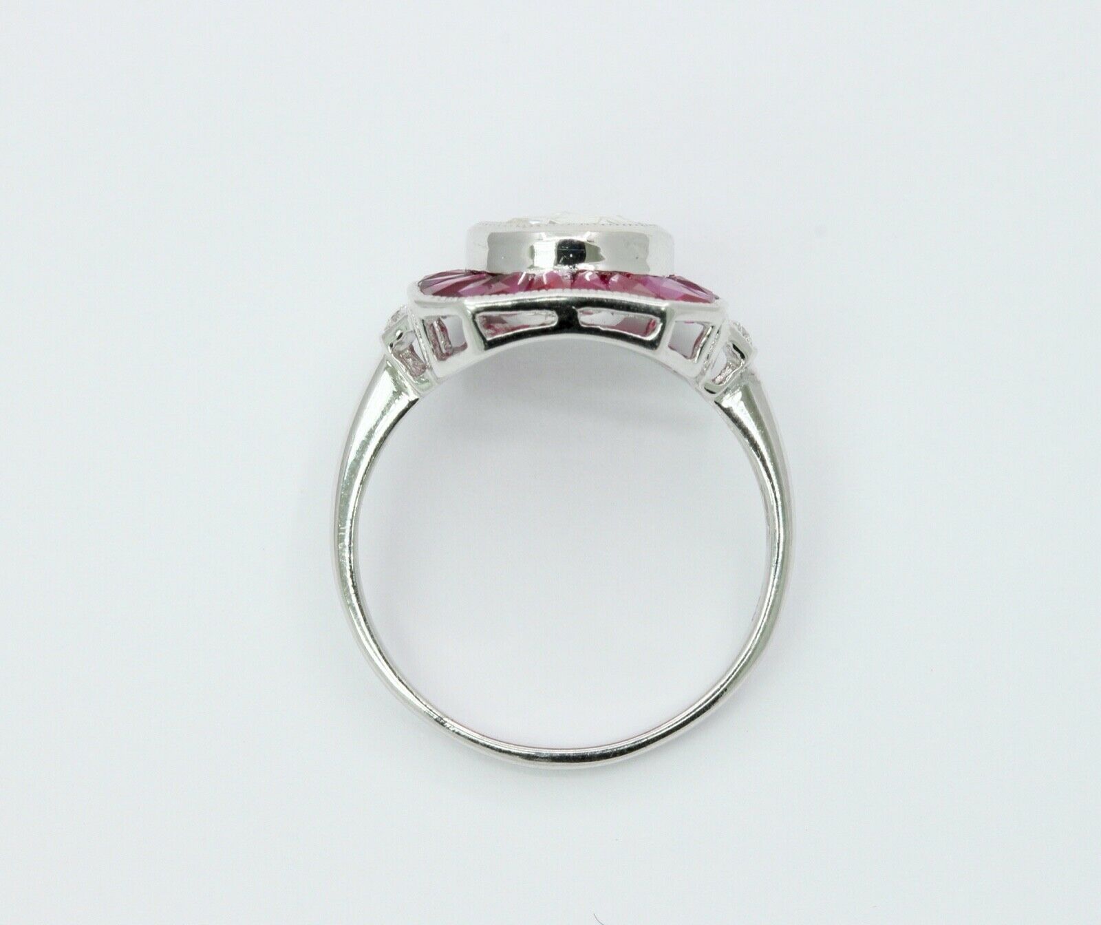 Beautiful Art Deco Style 18K White Gold Diamond Rubies Engagement Ring
