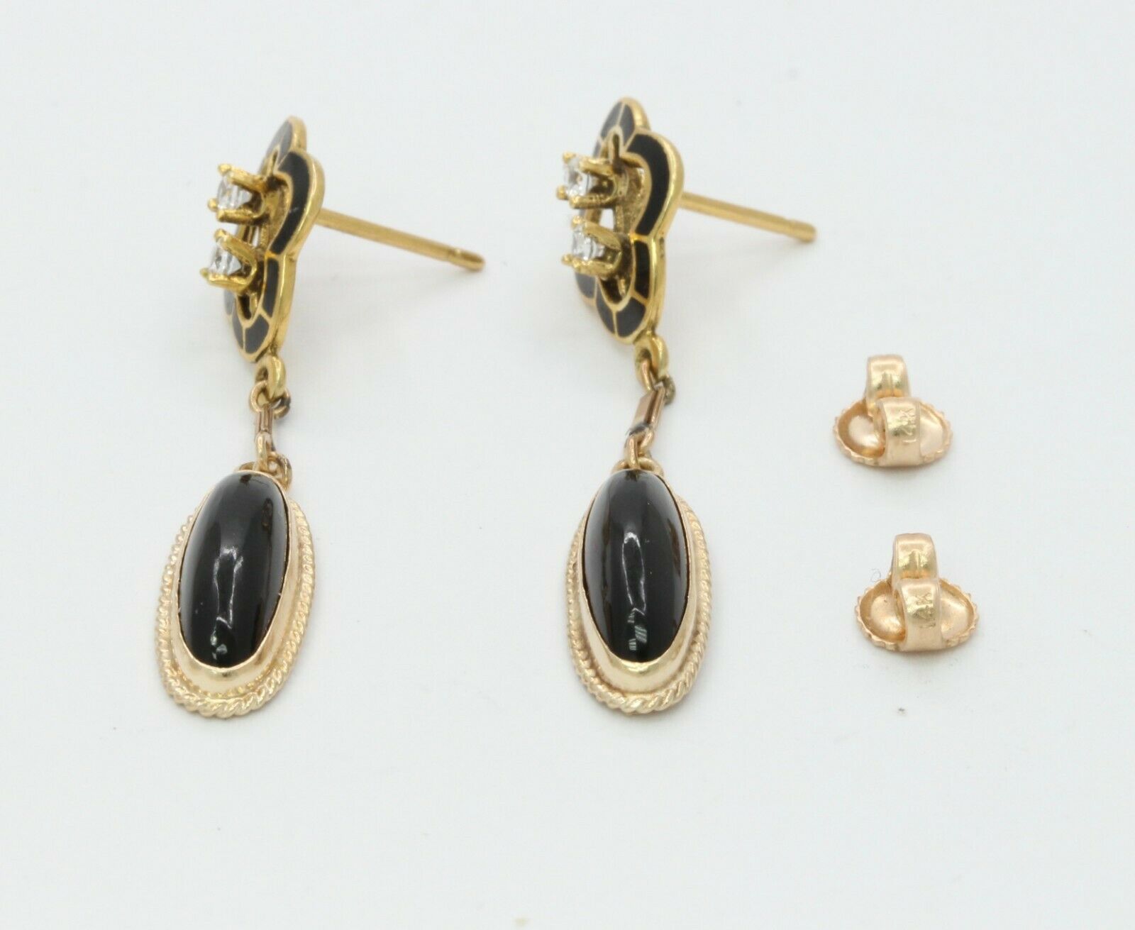 Vintage 14/18K Yellow Gold Enamel Onyx Diamond Hanging Earrings