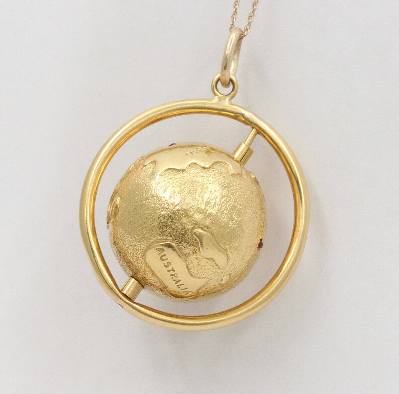 Vintage Spinning Globe Rubies 14K Yellow Gold Pendant Charm