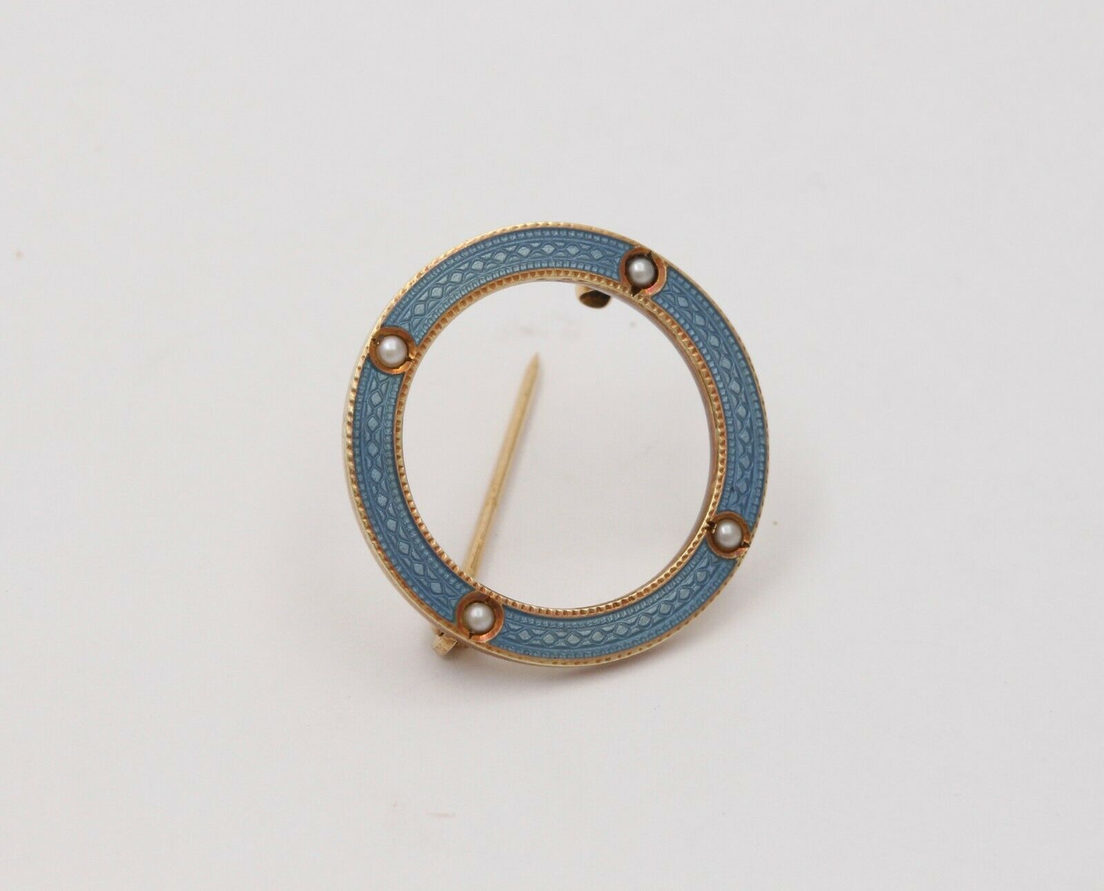 Art Deco Smoky Blue Guilloche Enamel Split Pearl Circle Pin Brooch