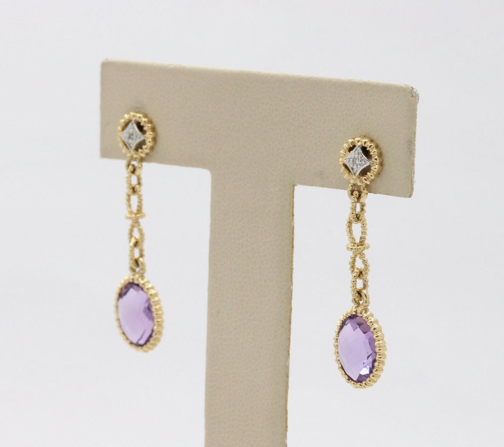 Vintage 14K Yellow Gold Hanging Amethyst Diamond Earrings