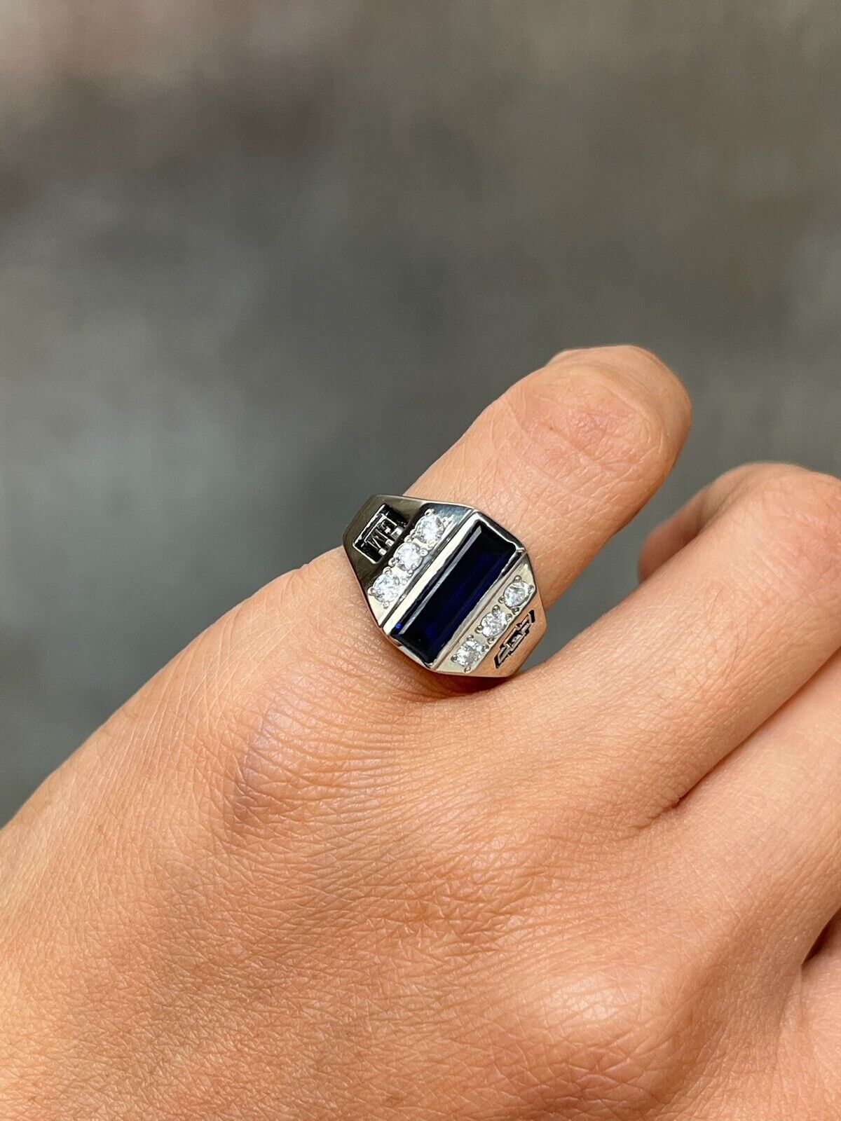 Vintage GM Chevy Bowtie Blue Sapphire Diamonds 10K White Gold Ring