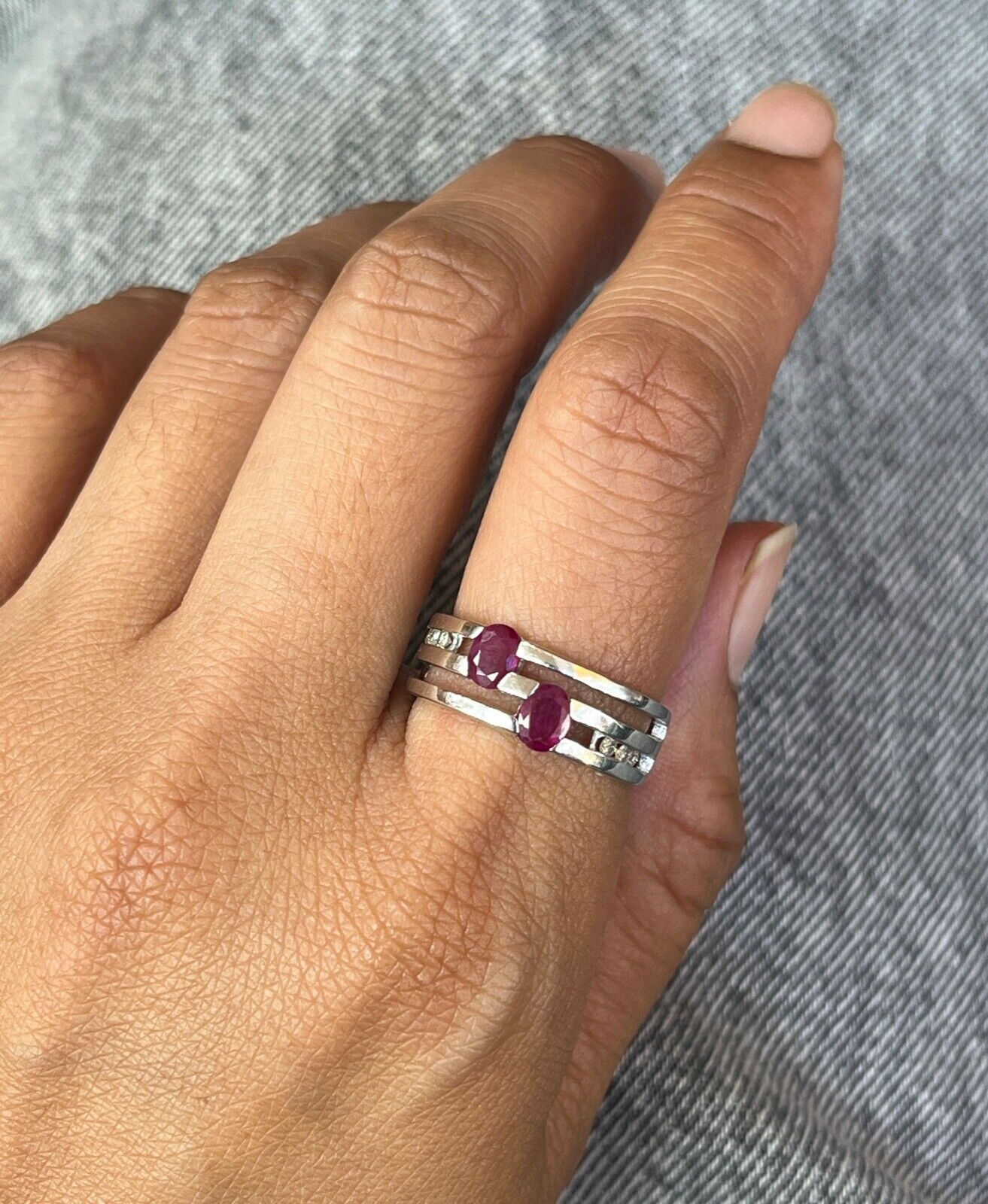 Vintage 14K White Gold Ruby & Diamond Ring Band, Stacking Ring.