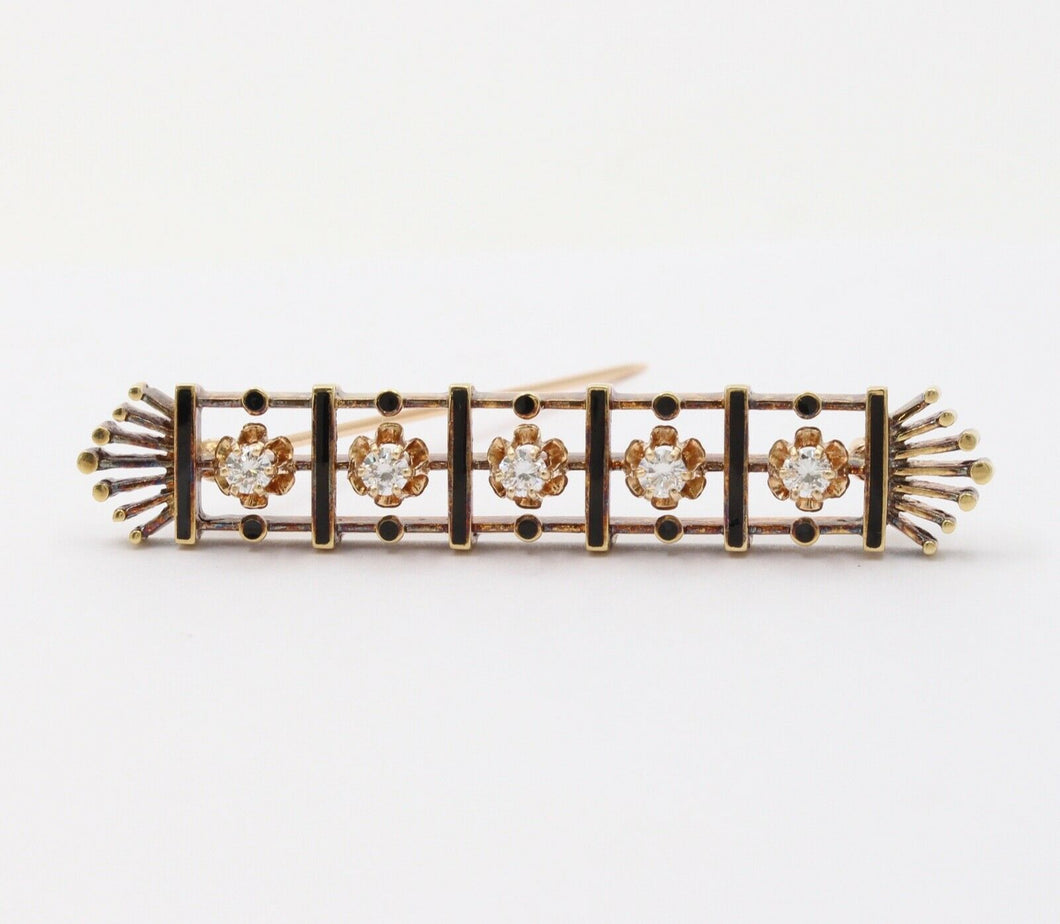 Vintage Art Deco Style 14K Yellow Gold Diamond Black Enamel Bar Pin, Brooch.