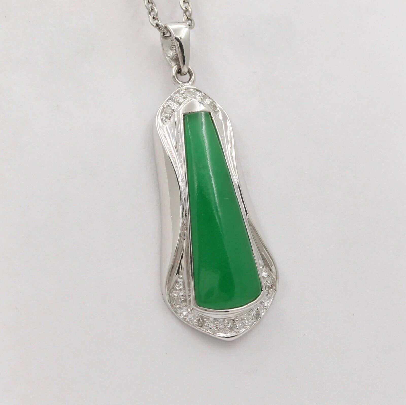 Vintage Trapezoid Jadeite Jade 14K White Gold Diamond Pendant, Necklace.