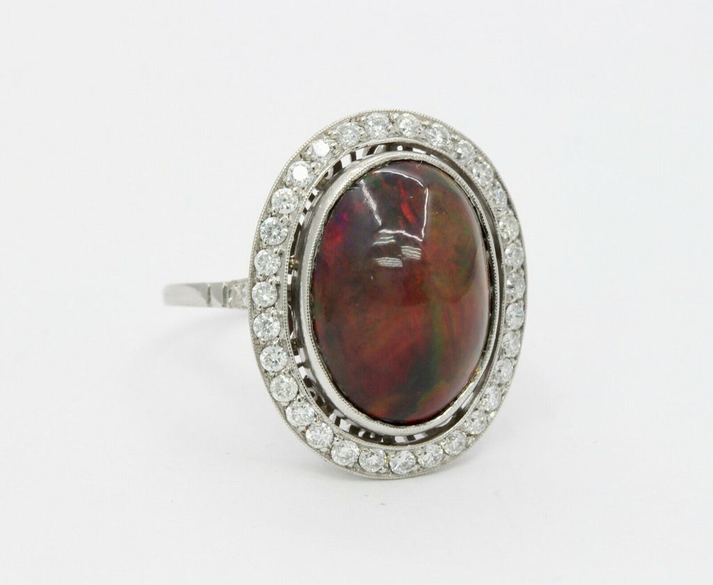 Vintage Ladies Cabochon Opal Diamonds Platinum Ring