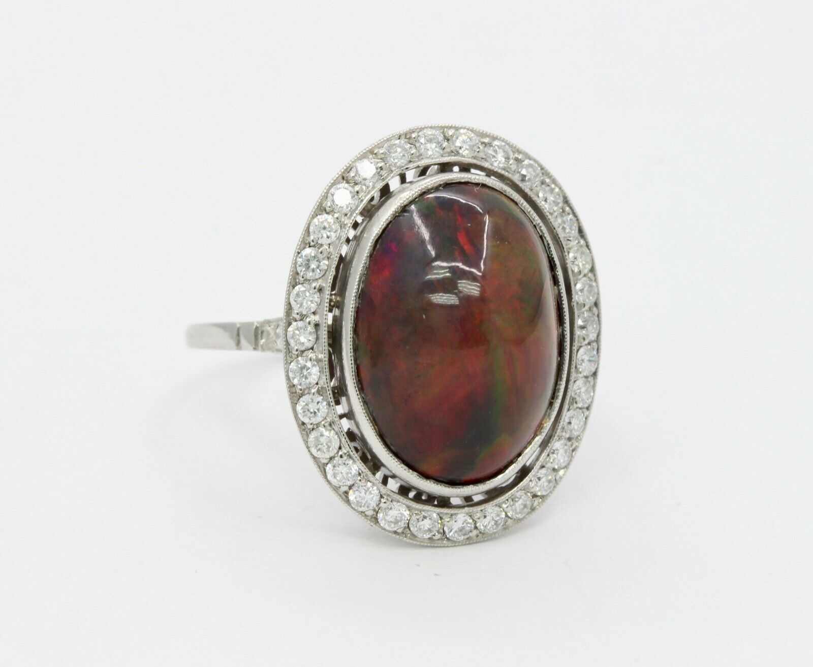 Vintage Ladies Cabochon Opal Diamonds Platinum Ring