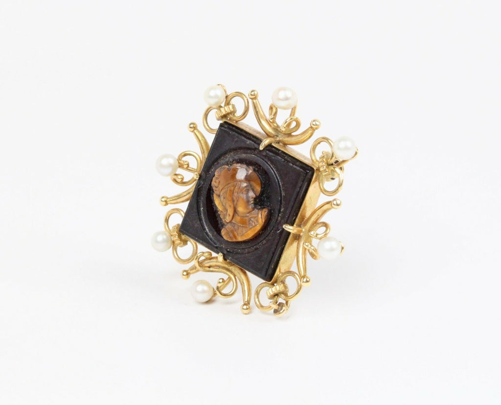 Vintage 18K Yellow Gold Tigers Eye Pearl Carving Brooch