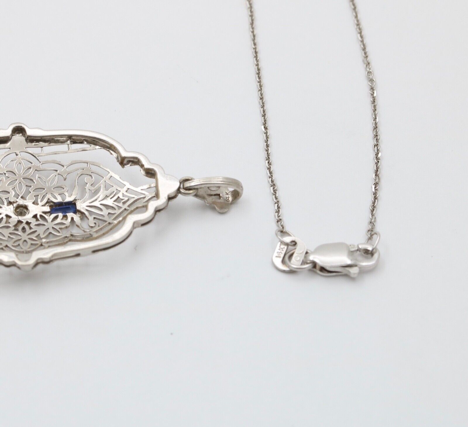 Art Deco 14K White Gold Filigree Pendant, Necklace
