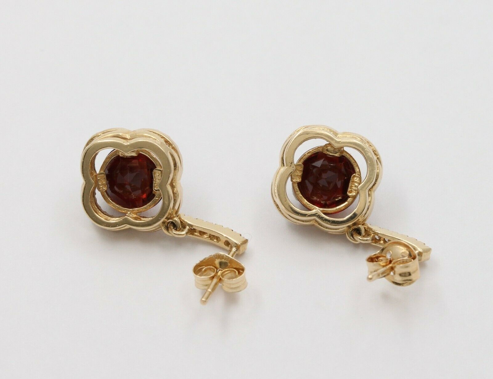Vintage 14K Yellow Gold Alhambra Style Diamond Garnet Drop Earrings